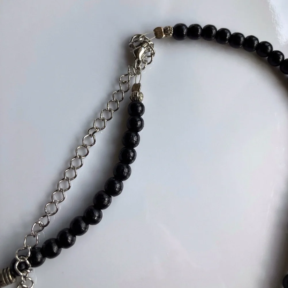 Black & Silver Tone Beads With Wood Teardrop Pendant Necklace - Picture 4 of 5
